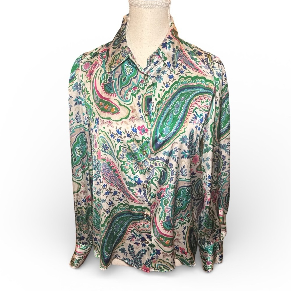 ZARA Paisley Print Satin Blouse Sz M Green Pink Boho Button Front - Picture 5 of 14